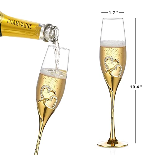 Parihy Gold Wedding Champagne Flutes And Cake Knife Server Set, Wedding Gifts Toasting Glasses With Rhinestone Rimmed Hearts Decoration For Couple Bride And Groom, Cake Cutting Set Of 4 For Wedding #TOP5