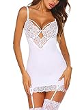 Avidlove Womens Lingerie Teddy Bodysuit with Garter Belt Lace Babydoll Full Slips No Stockings (White1, L)