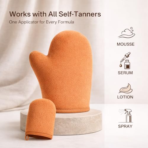 Image of Self Tanner Mitt, Self Tanning Mitt Applicator, Sunning Tanning Gloves for Self Tan Lotion, Tan Applicator Set, Streak-Free Smooth Even Finish, Self Tanner Mitt for Mousse Spray, 2 Pack