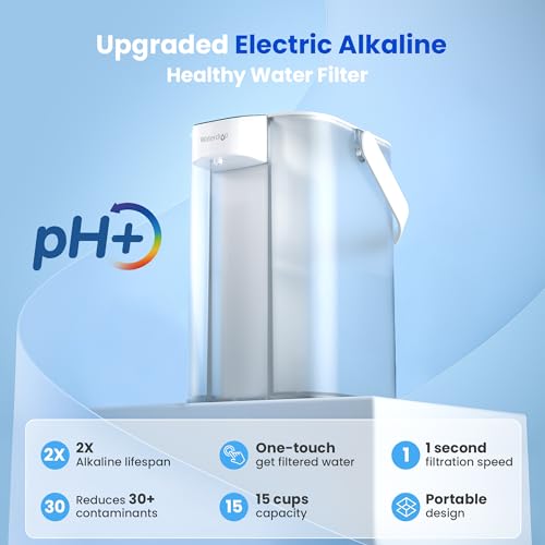 Image of Waterdrop ED01AW Alkaline Electric Water Filter Pitcher, 15-Cup, White | Rechargeable Water Dispenser with 1 Filter, Instant 200-Gallon Countertop Purifier, Reduce PFOA /PFOS, Chlorine, Lead