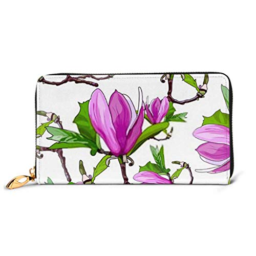 Preisvergleich Produktbild JHGFG Mode Handtasche Reißverschluss Brieftasche Magnolienblüten Rosa Blumen Grüne Blätter Telefon Kupplung Geldbörse Abendkupplung Blockieren Leder Brieftasche Multi Card Organi