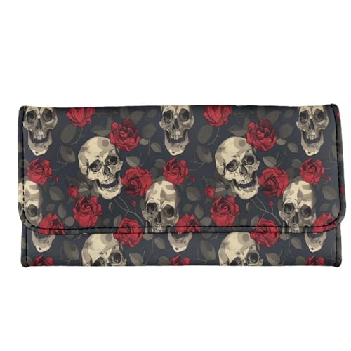 Image of AFPANQZ Rose Skeleton Women's Wallets Large Capacity with RFID Protection Waterproof Leather Long Clutch Phone Holder Zip Inner Pocket Multi-Cards Slots Large Travel Wallet