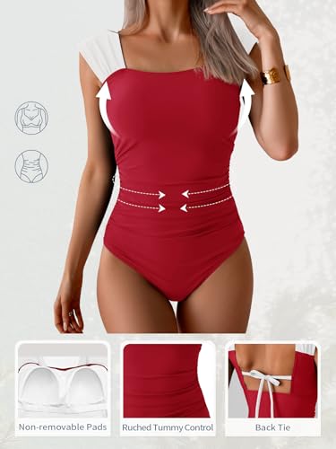 Image of B2prity Womens One Piece Swimsuit Retro Square Neck Tummy Control Bathing Suits Ruched Modest Full Coverage Swimwear