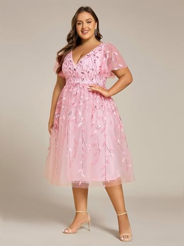 Image of Ever-Pretty Womens Embroidered Tulle Plus Size Cocktail Evening Party Dress A-Line Midi Wedding Guest Dresses for Curvy Women