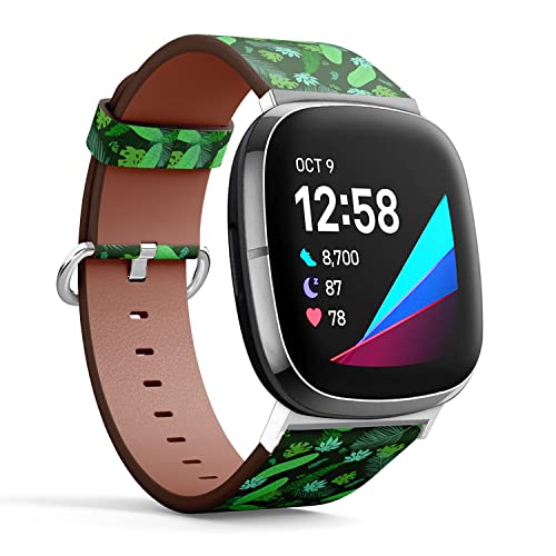 CJBROES Replacement Leather Watch Band, Compatible with Fitbit Versa 3 and Fitbit Sense of Wristband Bracelet Accessory - Tropical Plants Palm