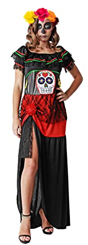 Gojoy shop- Disfraz de Calavera Mejicana del Día de los Muertos para Mujeres Halloween Canaval (Contiene:Vestido Bordado Manga Corta con Caravera,Diadema y Mochila de Cuerdas.Talla Unica)