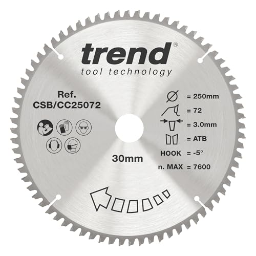Trend Wood Mitre Saw Blade, 250mm Diameter, 30mm Bore, 72 Teeth, 3mm Kerf, -5° Hook, TCT, Extra-Fine Finish, CSB/CC25072