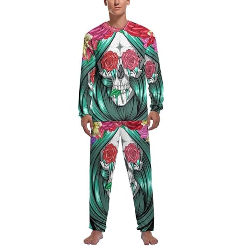 Pijama homme crâne de cheveux verts ensemble haut et bas manche longue confortable