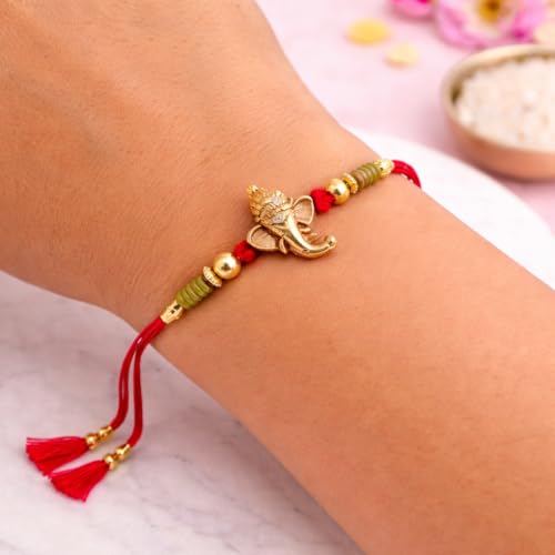 Image of JAIPUR ACE Divine Lord Ganesha Rakhi for Brother with Red Thread and Premium Beads, Traditional Raksha Bandhan Gift Set with Roli Chawal and Card, Designer Rakhi for Men and Boys (Ganesh Rakhi)