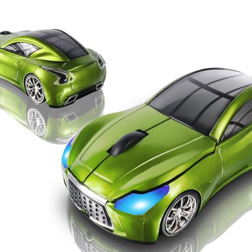 Elec Space Wireless Car-Shape Mouse With LED Headlights, 2.4G Unique for Kids, USB Receiver, 1600 DPI Cute Gaming for Laptop PC Computer - Green Green-1
