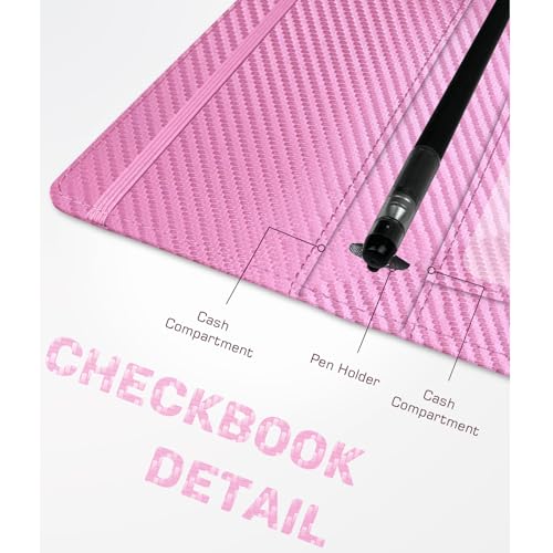 Image of Checkbook Cover for Men Women, Premium Leather Checkbook Holder with RFID Blocking and Built in Clear Plastic Divider for Personal and Business Checks (Pink Carbon)