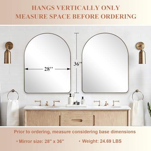 Image of ANDY STAR Arched Mirror, 28 x 36 Inch Brushed Gold Wall Mirror in Stainless Steel Metal Frame, Arch Top Rounded Corner 1 Inch Deep Set Design Wall Mount Hangs Vertical