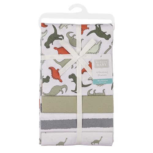 Image of Hudson Baby Cotton Flannel Receiving Blankets 4-Pack, Multi Color Dino, One Size