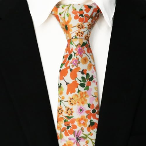 Image of Cotton Floral Ties for Men 2.76 inch Men's Skinny Tie Linen Flower Printed Neck Tie for Wedding Dating Party