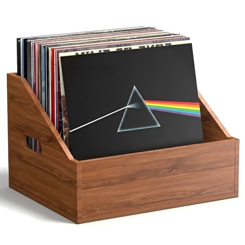 Wood Vinyl Record Storage Retro & Durable Vinyl Crate and Record Holder Album Storage Record Case Box for 60+ Records Perfect Record Organizer for Home Decor and Collection Display(Brown)