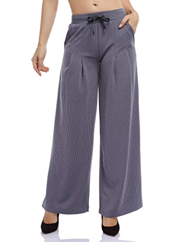 WESTECHO Women's Casual Wide Leg Palazzo Knit Pants Soft Formal Loose Fit High Waisted Drawstring Trousers with Side Pockets Flowy Pants for Work,Grey,X-Large