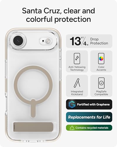 Image of ZAGG Santa Cruz Snap Case with Kickstand for iPhone Air - Titanium, Drop Protection (13ft /4m), MagSafe Charging Compatible, ClearGuard Anti-Yellowing Technology, Scratch Resistant Phone Case