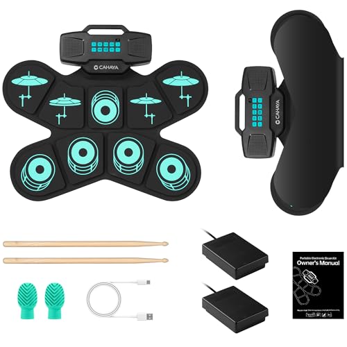 CAHAYA 電子ドラムパッド セット ドラムスティックキャップ付き 9パッド 初心者向け バッテリー寿命10時間 ロールアップ電子ドラムセット折りたたみ式 ドラムスティック付き 2ペダル付き 緑