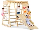Rengue Indoor Playground 7-in-1Jungle Gym Baby Climbing Toys, Montessori Waldorf Style Wooden Toddlers Climber Playset for Children Kids 2-7 with Slide, Climbing Wall, Rope Wall Net, Swing, Ladder