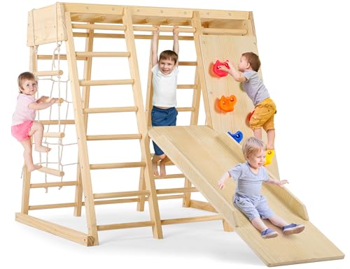 Rengue Indoor Playground 7-in-1Jungle Gym Baby Climbing Toys, Montessori Waldorf Style Wooden Toddlers Climber Playset for Children Kids 2-7 with Slide, Climbing Wall, Rope Wall Net, Swing, Ladder