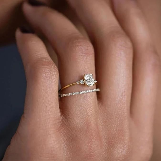 925 Sterling Silver Radiant Cut Engagement Ring for Women, 14K Gold Plated Three-Stone Created Diamond Promise Ring, Dainty Wedding Band, Sizes 4-13