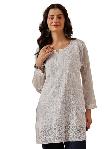 Image of Ada Women's Cotton Blend Regular Fit Tunic Hand Embroidered Lucknowi Chikankari Kota Western Top Kurti With Slip A911184