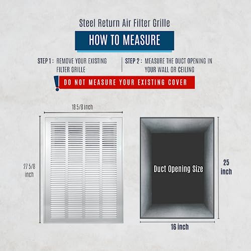 Image of Fits 16x25 Duct Opening | Steel Return Air Filter Grille by Handua [Removable Door] for 1-inch Filters | Vent Cover Grill | White | HVAC Cold Air Intake Grille | Out Dim: 18 5 /8 inchW X 27 5 /8 inchH