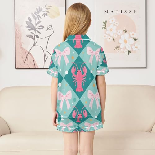 Satin Pajama Sets Short Sleeve Lobster Bow Tie Polka Dot Button Down Silky Nightwear 2 Piece PJS 5-14Y4