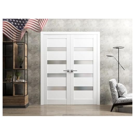 French Double Panel Lite Doors 60 x 80 with Hardware | Quadro 4113 White Silk with Frosted Opaque Glass | Panel Frame Trims | Bathroom Bedroom Interior Sturdy Door