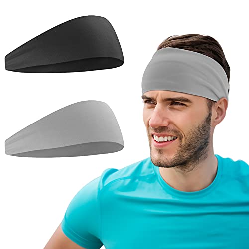 COOLOO Headbands for Men Women 2 Pack, Sweat Bands for Running Yoga Cycling Gardening Spa Workout-Performance Stretch Moisture Wicking Hairband, Light Grey + Black