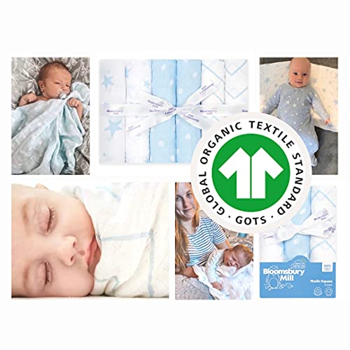 Bloomsbury Mill - Pack Of 6 Super Soft Muslin Receiving Blankets - 100% Certified Organic Cotton In Gifting Ribbon Stars, Chevrons & Polka Dots Designs - Blue & White - 28" X 28" #TOP4