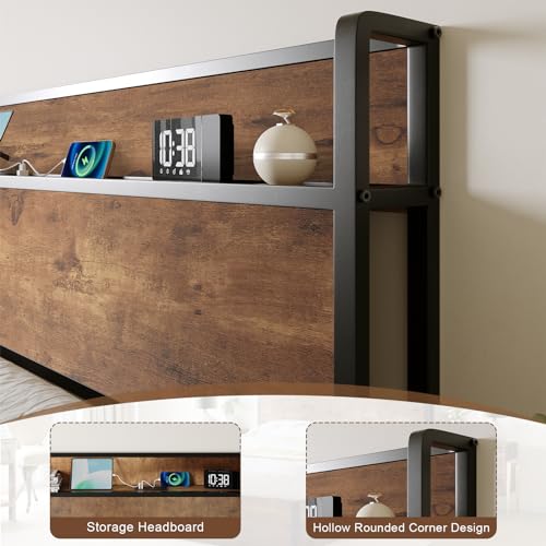 Image of AMERLIFE King Size Lift Up Storage Bed Frame, Wooden Platform Bed Frame with Lifting Storage & Charging Station, No Spring Box Needed /Noise Free, Rustic Brown