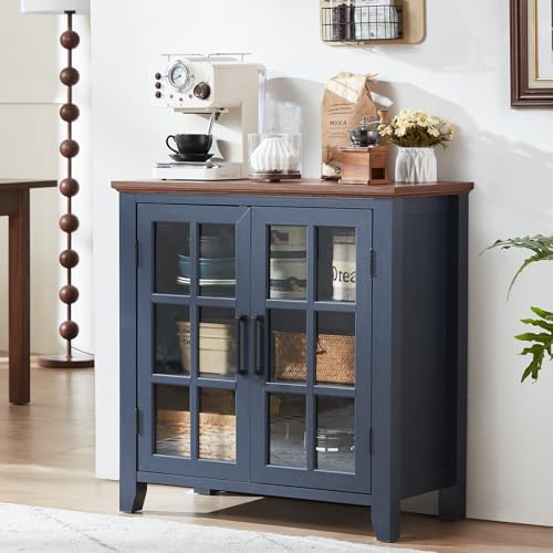 Joaxswe Navy Blue Sideboard Buffet Cabinet with Glass Doors