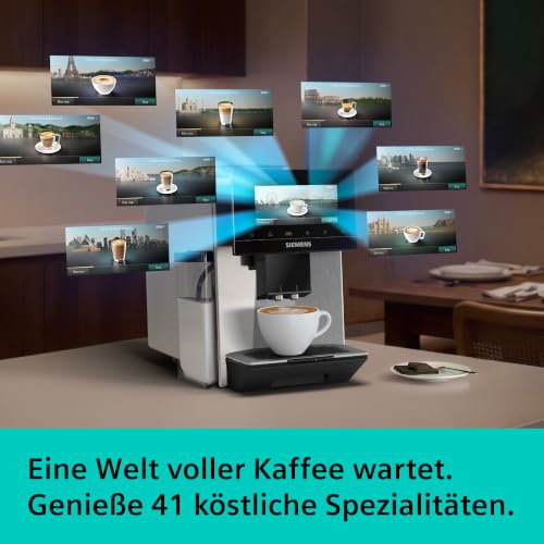 Siemens Kaffeevollautomat EQ900 iAroma, personalisierbare Einstellungen, präzises Mahlwerk, großes, intuitives Full-Touch-Display, Silber, TQ923E03