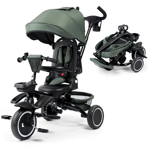 Kinder King Kids Tricycle, 8 in 1 Folding Toddler Trike w/Adjustable Push Handle, Rotatable Seat, Adjustable Canopy, Bell, Five-Point Harness, Storage, Bike Tricycle for Toddlers 1-5, Forest