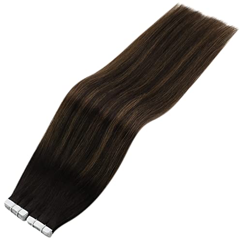 YoungSee 22inch Tape Hair Extensions Human Hair Highlighted Darkest Brown with Medium Brown Double Side Tape in Brown Hair Extensions 20pcs 50gram
