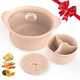 42oz Microwave Silicone Steamer 3 Compartmented for Vegetables/Fish/Baby Food, 4 in 1 Microwave Pot with Handle, Lid & Basket, Oven & Dishwasher Safe, Easy Clean, Korea Design 100% Food Grade (Pink)