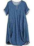 FTCayanz Femme T Shirt Robe Manches Courtes Lin Coton Tunique Ample Casuel avec Grande Poches Bleu Denim L