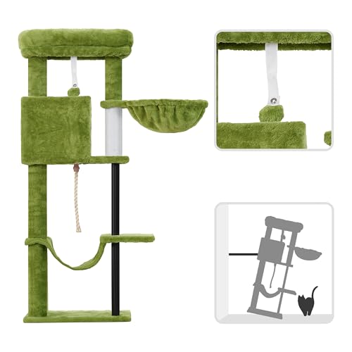 Image of Gitelsnour Cat Tree, 43.3'' Cat Tower with Hammock for Kittens GCT004SGR | Cat Condo House for Small Indoor Cats, Basket, Scratching Post, Large Platform, Sturdy Steel Tube, Sisal Rope, Green