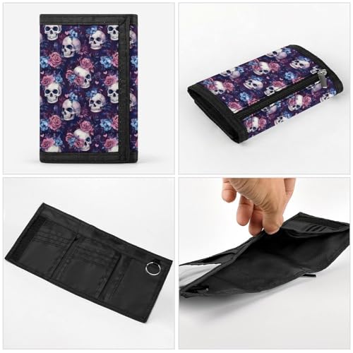 Pink Blue Rose Skull Print Wallet for Men, 8 Credit Card Holder Slim Minimalist Front Pocket Small Mens Bifold Wallets4