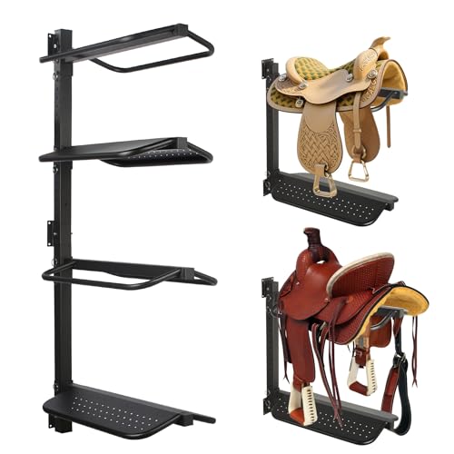Sidasu Split-Type Saddle Rack 4 Tier Heavy Duty Wall Mounted Saddle Rack Saddle Stand Detachable for Western Style Saddles Horse Tack Storage Supports to 300Lbs Black(Alloy Steel)