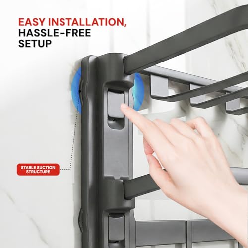 Image of Amazon Basics Suction Towel Rack for Bathroom | Rustproof Wall - Mounted Towel Holder with Hooks | Strong Vacuum Grip, No Drilling Required Grey