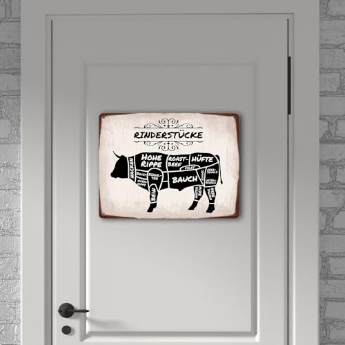 Rinderstücke BBQ Beef Fleischstücke Metallschild XXL in 28x38 cm Blechschild für den Grill als Dekoration für Grillfans und Fleischesser
