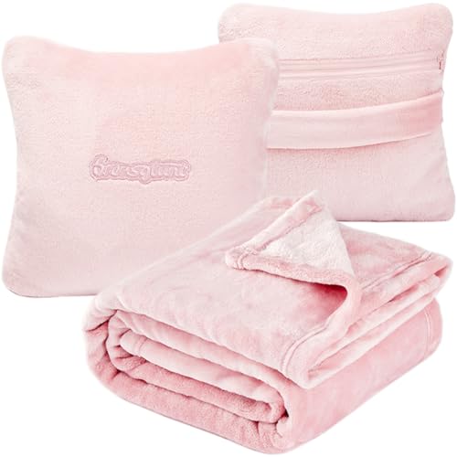 Travel Blanket Pillow, Premium 2 in 1 Flannel Airplane Blanket Compact for Travel,Office, Home,Travel Essentials Accessories for Plane and Car,Compact Office Blanket (Pink)