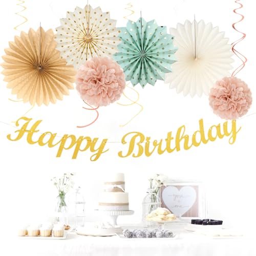 Image of Sage-Green Blush-Pink Beige Birthday Party-Decorations - 21pcs Happy Banner,Cream Light Dusty Pink Paper Lanterns Pom Poms,Rustic Boho Neutral Streamers Garland,Women Girls Decor Supplies Huglony