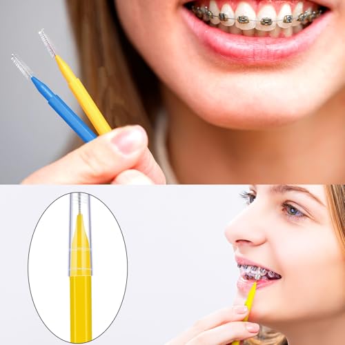 Image of Patelai 100 Pieces Braces Dental Brush for Cleaner Interdental Toothpick Dental Tooth Flossing Head Oral Hygiene Flosser Toothpick Cleaners Tooth Tool(Blue, Yellow,Multiple Sizes)