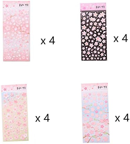 MIAO JIN 16 Pcs Decorative Craft Sakura Stickers Self-Adhesive Decorative Paster Decals for Scrapbooking or Card Making (4 Pattens)