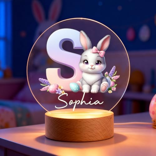 Personalized Easter Bunny Night Light with Name, Custom Acrylic Lamp on Beech Base, Room Decor Night Lamp, Birthday Easter Party Favor Gifts for Kids (Cute Rabbit)