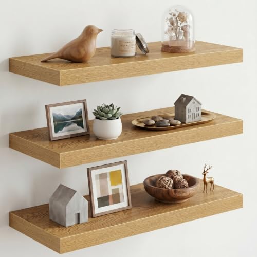 Image of Fun Memories 10 inch Deep Floating Shelves with Invisible Brackets, 24 inch Wall Shelves for Bathroom Bedroom Living Room, Modern Rustic Shelves for Home Decor, 24 inch W x 10 inch D x 1.5 inch H, Set of 3, Oak