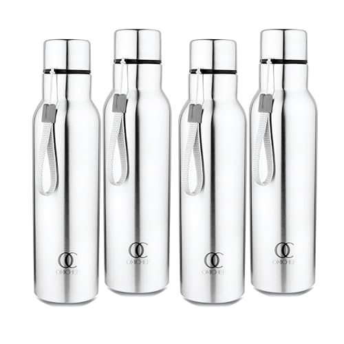 Image of Omichef Stainless Steel sports Water Bottle, 750 ml water bottles, Single walled, Leak-Proof, Rust-free, Easy Grip, Easy to Carry, Travel Bottle, Silver (Pack Of 4)